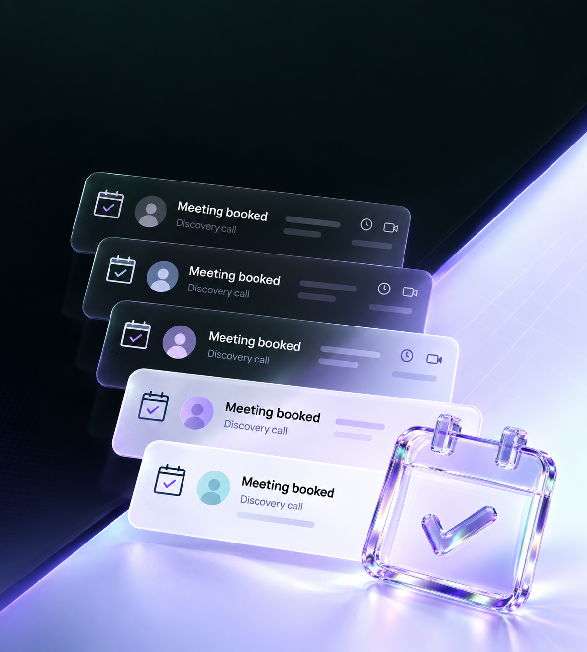 A stack of booked discovery call notifications beside a glass tick icon