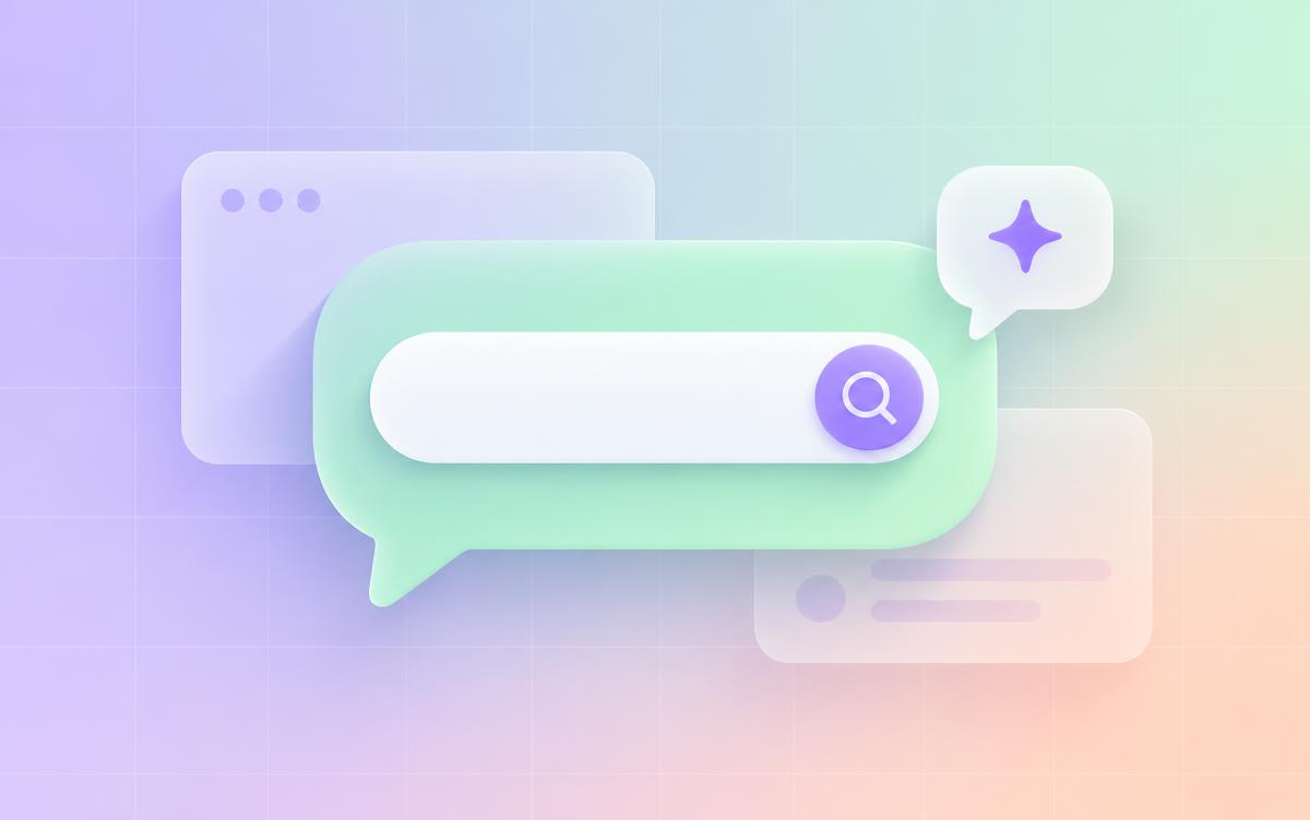 Pastel illustration of a mint chat bubble containing a search bar beside a sparkle icon