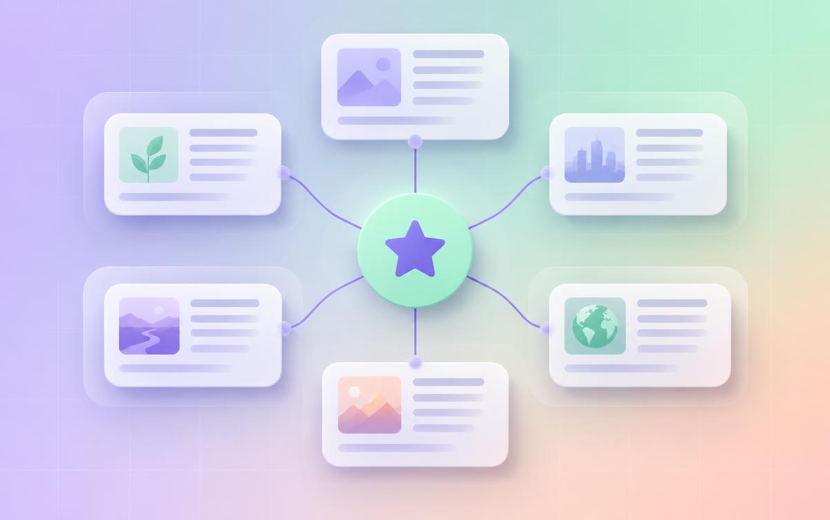 Pastel illustration of article cards linked to a central mint badge with a star
