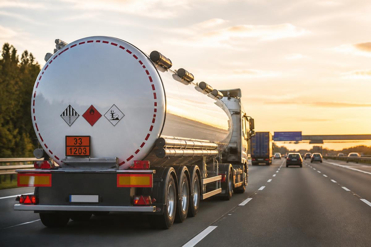 ADR hazardous goods tanker lorry travelling on a UK motorway at sunset