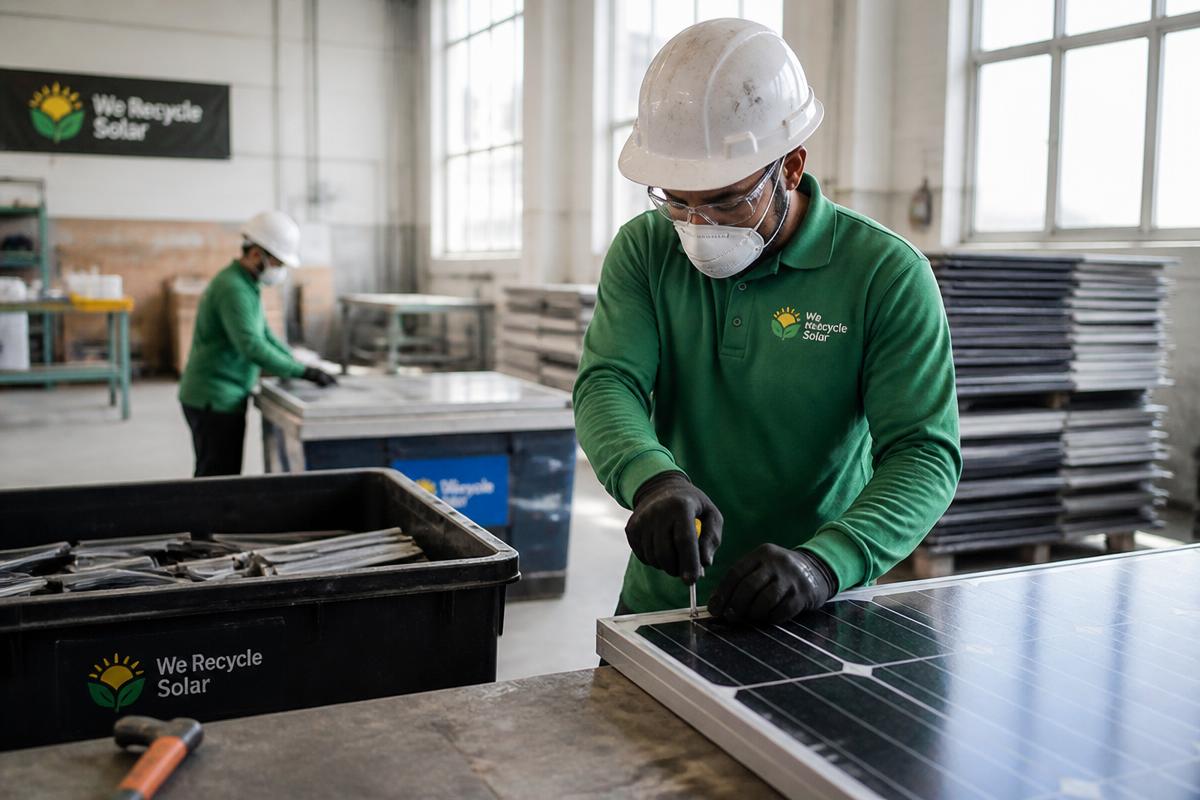 Technician dismantling a solar photovoltaic panel in a recycling facility